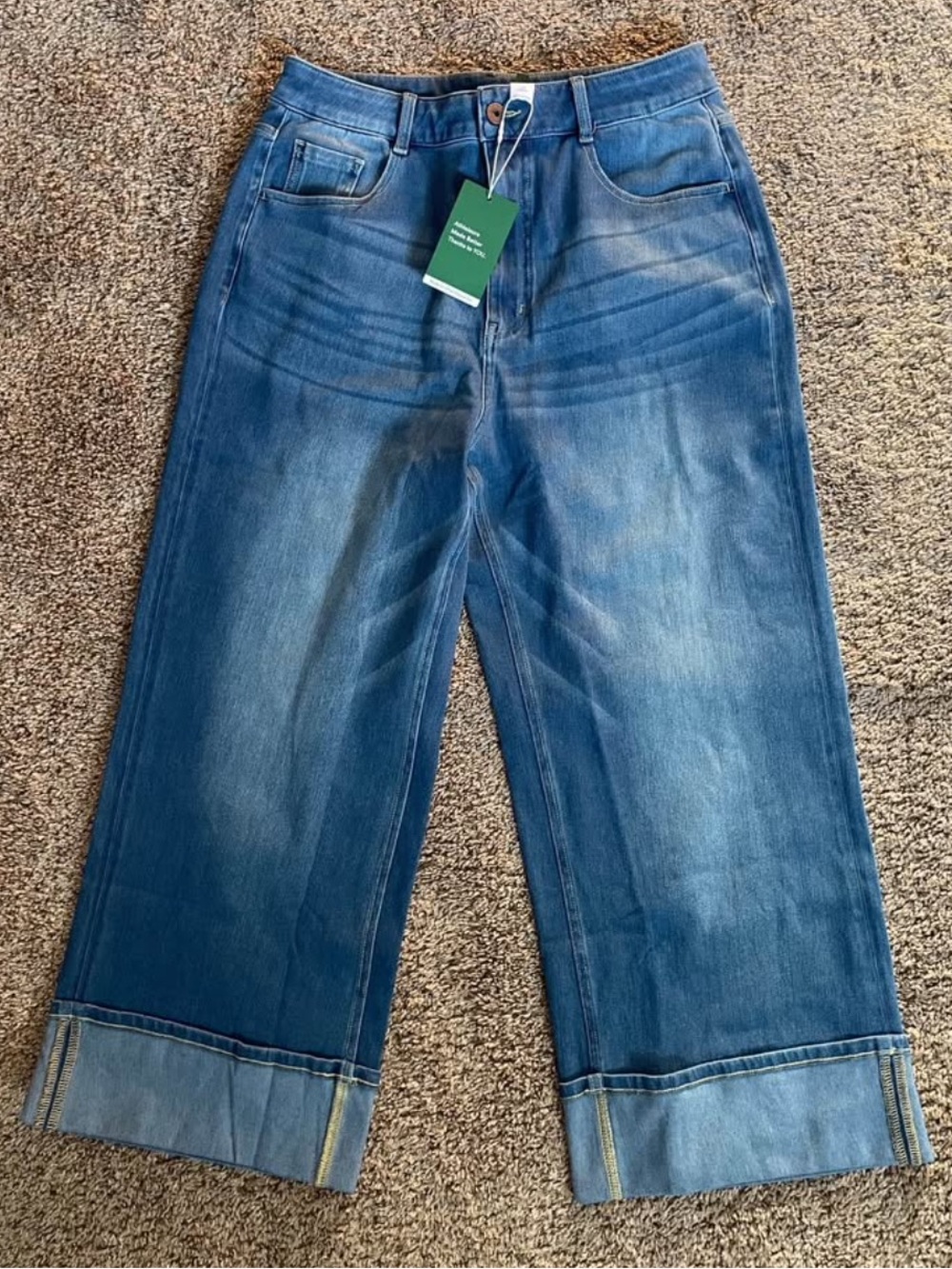 Medium Blue Wide Leg Cropped Jeans with Cuffed Hem